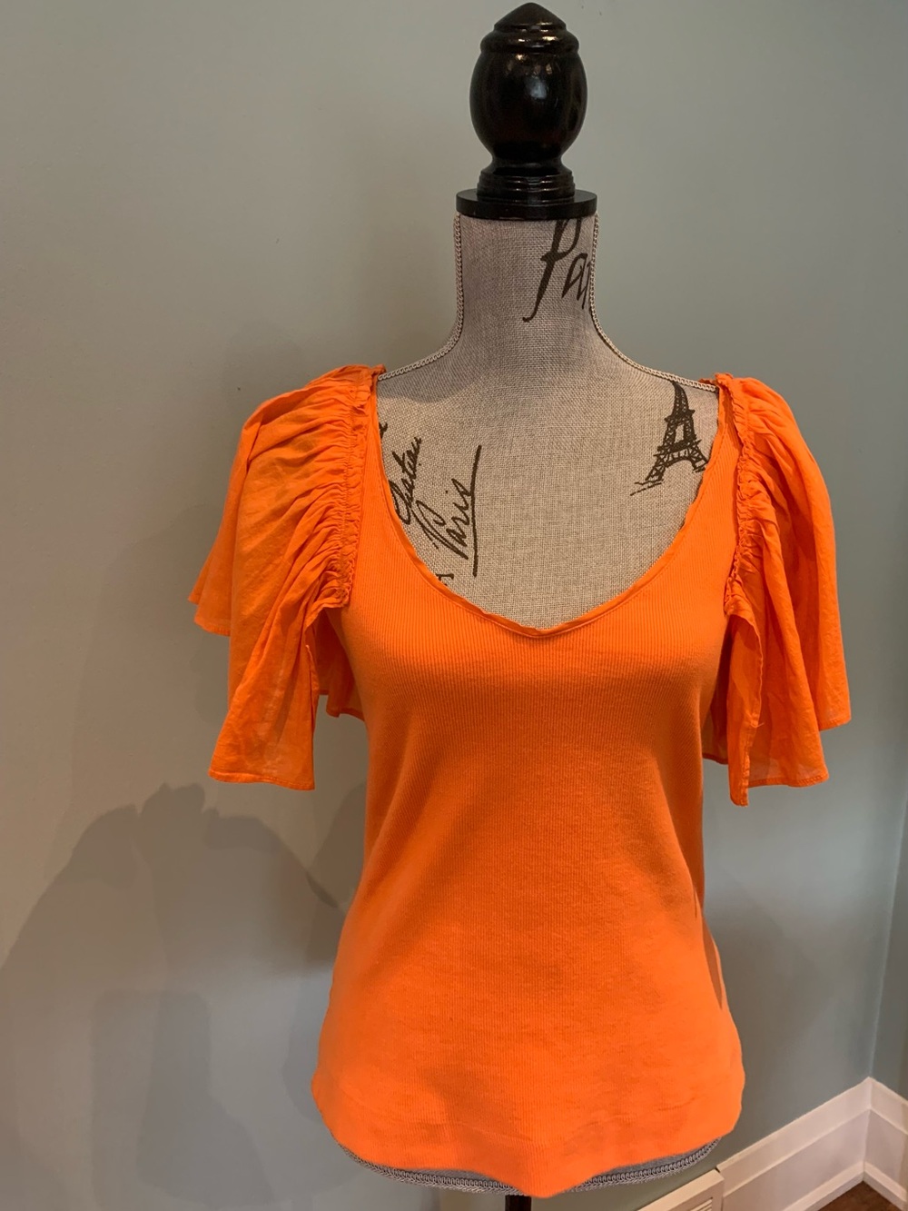 Anthropologie Orange Puff Sleeve Scoop Neck Tee